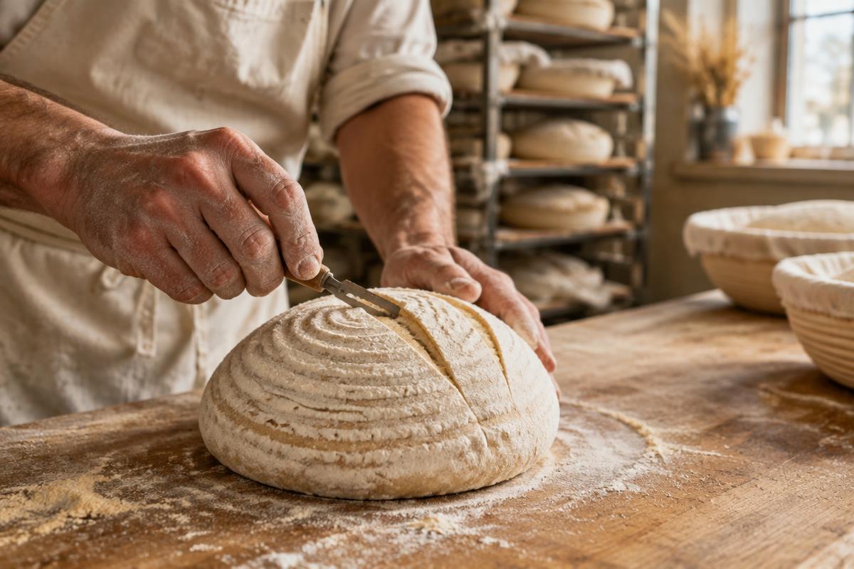 A Crestone baker scoring an artisan sourdough loaf on a wooden bench