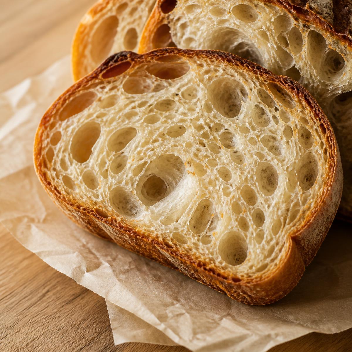 Cross section of sourdough showing open, airy crumb