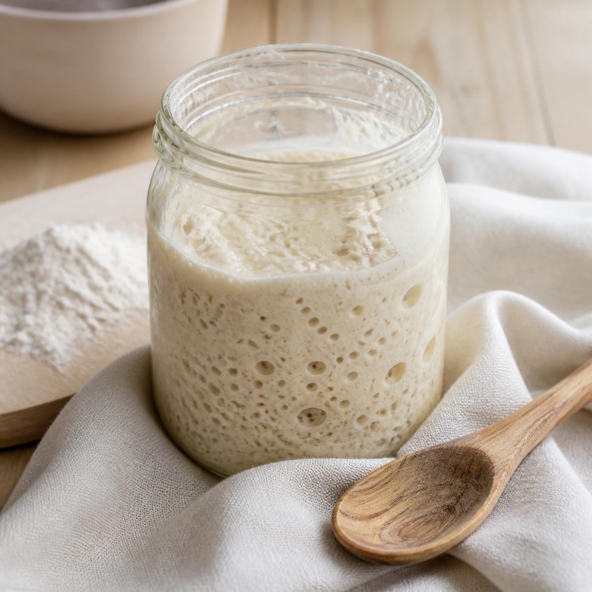 Glass jar of active, bubbling sourdough starter on a bakery counter