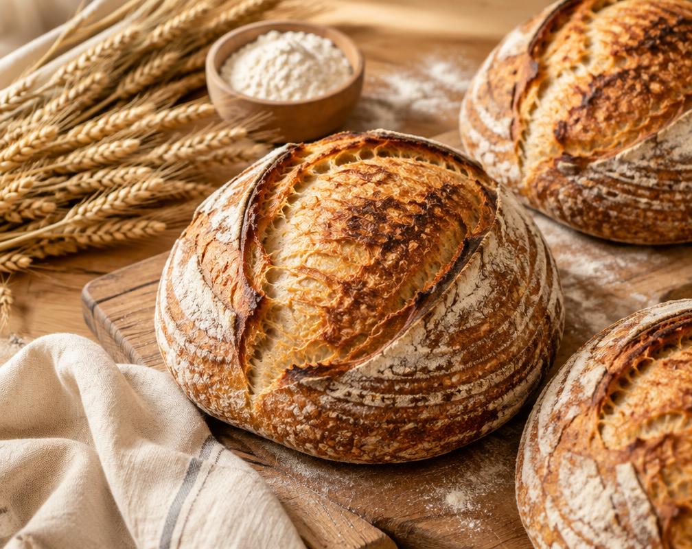 Artisan sourdough loaves with wheat stalks on a wooden board